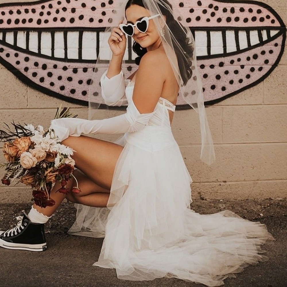 For Love & Lemons Eve Ivory Lace Corset High-Low Tulle Gown Sz Large Wedding